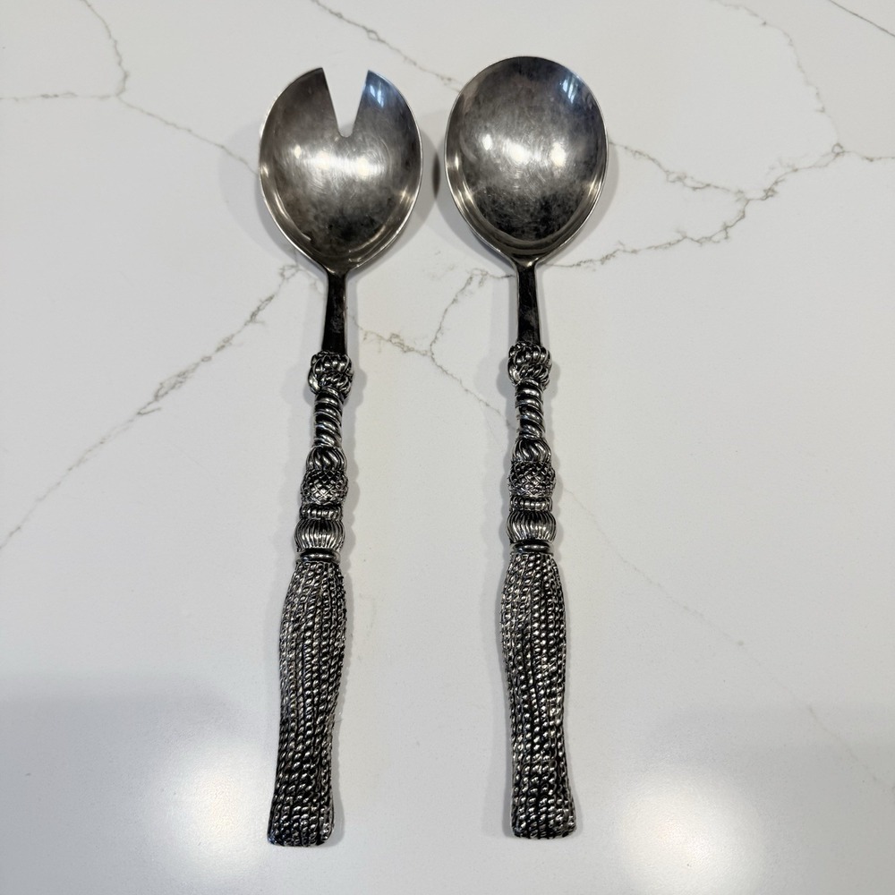 SILEA serving spoon set rope tassel Cartizone pattern 11" ITALY. Vintage